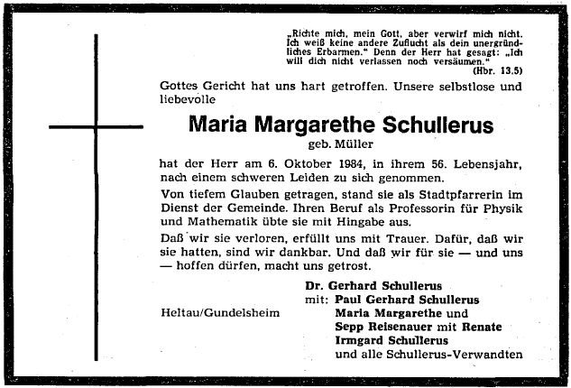 Mueller Maria Margarethe 1928-1984 Todesanzeige